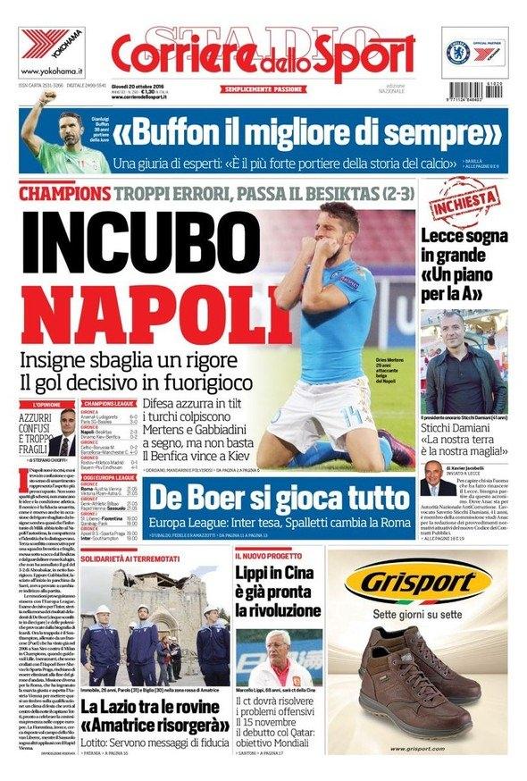 <p>CORRIERE DELLO SPORT: 'NAPOLI'DE KABUS'<br />
<br />
Corriere dello Sport, "Napoli’de kabus" diye maç haberini sürmanşetten verirken, Lorenzo Insigne’nin penaltıyı kaçırdığı, oyunu belirleyen golün ofsayttan geldiğini savundu. Gazete, "Defansta hata yapan Napoli’yi Türkler vurdu. Mertens ve Gabbiadini gol atan isimler oldu ama yeterli değil" yorumunu yaptı.</p>
