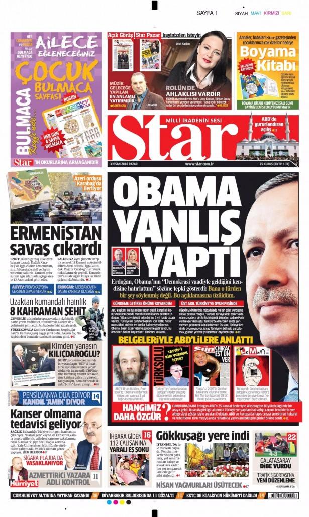 <p>Cumhurbaşkanı Erdoğan'ın, ABD Başkanı Obama'nın basın özgürlüğü hakkındaki sözlerine verdiği tepki gazete manşetlerine de damgasını vurdu.</p>
