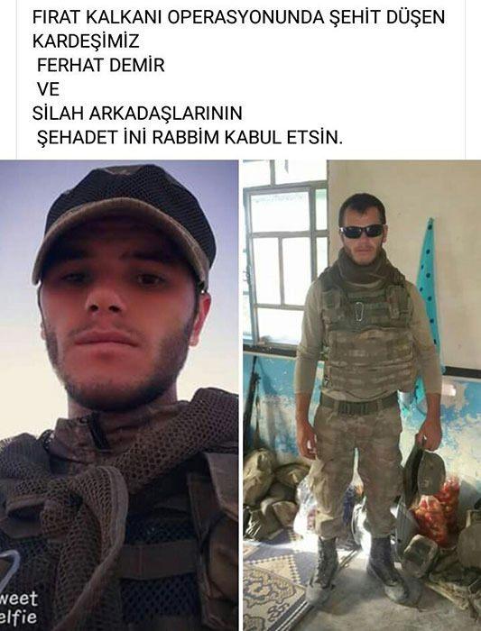<p><strong>UZMAN ÇAVUŞ FERHAT DEMİR - BURSA</strong></p>
<p>Suriye'nin El Bab bölgesinde devam eden Fırat Kalkanı operasyonu kapsamında yaşanan acı olayın ateşi Bursa'ya da düştü. Bursalı Uzman Çavuş Ferhat Demir, dün yaşanan çatışmada şehit oldu. Acı haber ailesine güçlükle verildi.</p>