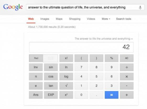 <p>Eğer okumadıysanız Google’da “answer to life, the universe and everything” diye yazıp kendimi şanslı hissediyorum düğmesine basın. Karşınıza çıkacak olan sayı size soruların yanıtını verecek.</p>

<p> </p>
