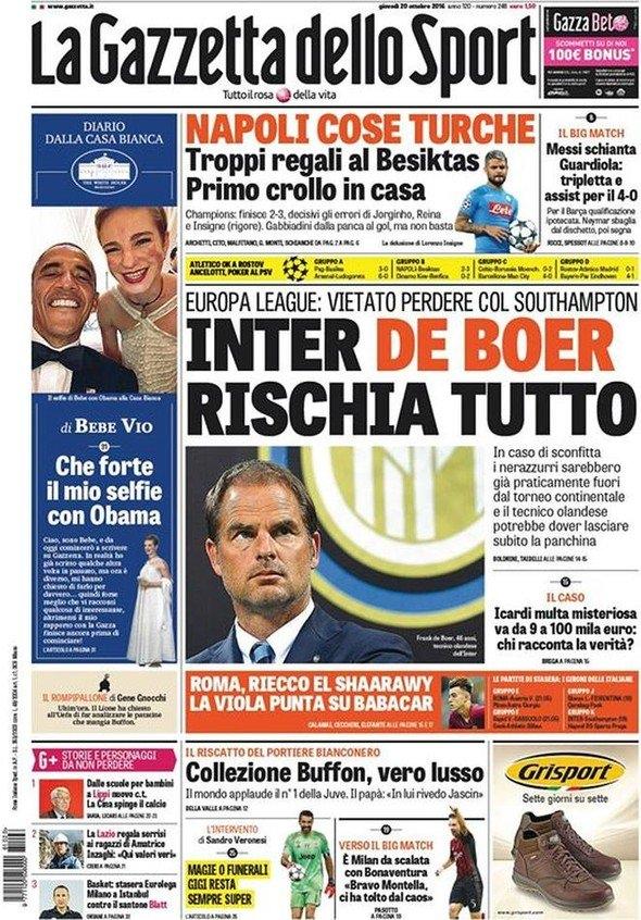 <p>LA GAZETTA DELLO SPORT: 'NAPOLI'DE TÜRK İŞİ'<br />
<br />
Yüksek tirajlı La Gazzetta dello Sport’un sürmanşetinde "Napoli’de Türk işi" başlığını kullandığı maç haberinin alt başlığında da "Beşiktaş’a fazla hediye ve kendi evinde ilk mağlubiyet" ifadesiyle maçın 3-2 bittiğini belirtilerek, Jorginho, Reina ve Insigne’nin hataları, Gabbiadini’nin yedekten oyuna girip gol atmasının da yeterli olmadığı kaydedildi.</p>
