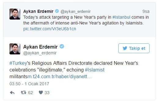 <p>Saldırının ardından sosyal medya üzerinden paylaşımda bulunan FETÖ'cü Aykan Erdemir de terör saldırısının faturasını Diyanet'e kesti. FETÖ'cü Erdemir sosyal medya üzerinden 'Türkiye'nin Diyanet İşleri Başkanlığı yılbaşı kutlamalarını illegal ilan etti" paylaşımında bulundu.</p>
