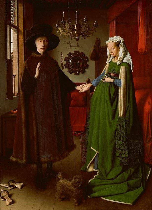 <p><strong>Van Eyck - Giovanni Arnolfini and his Wife (1434) - National Gallery, Londra</strong></p>

<p>Van Eyck İtalyan tüccar Giovanni di Nicolao Arnolfini ve müstakbel eşini Bruge'deki evlerinde resmetmiştir.Batı sanatının en kompleks ve orijinal eserlerinden biri olarak kabul edilen eser Londra'da National Gallery'de sergilenmektedir.</p>
