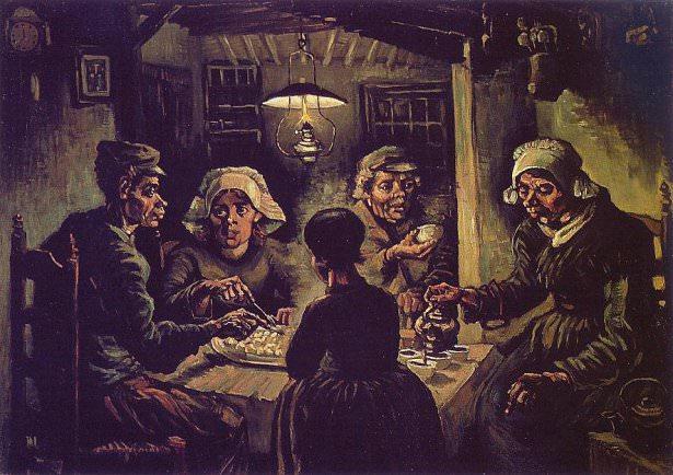 <p><strong>Van Gogh - Potato Eaters (1885) - Van Gogh Museum, Amsterdam</strong></p>

<p>Van Gogh eserde köylüleri olduğu gibi tasvir etmek istemiştir ve bu yüzden gerçek köylü modeller kullanmıştır.Eser Amsterdam'da Van Gogh Museum'da sergilenmektedir.</p>
