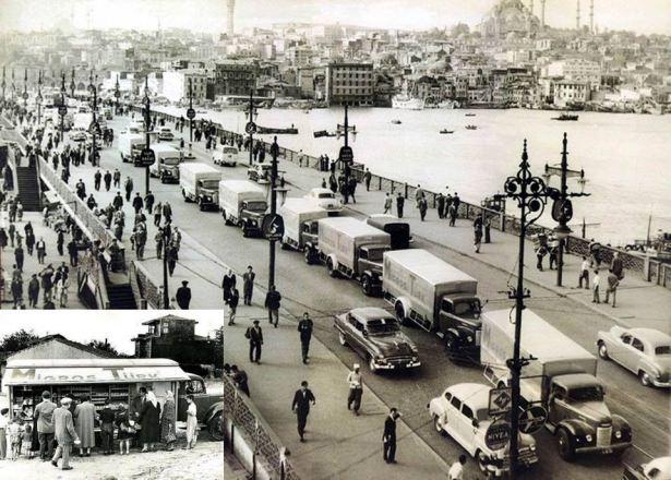<p>Resim: 1954 senesinde Migros Gezici Kamyonlarının bütün şehri gezerek yaptıkları tanıtım konvoyu Galata köprüsünde görülmekte.. Sol altta satış yapan bir Migros kamyonu..<br />
Yeni nesil çoğunlukla Migros'u Koç grubunun kurduğunu zanneder..<br />
Ancak Migros zamanın başbakanı Menderes'in "ürünlerin güvenilir ve ekonomik fiyatlarla halka ulaştırılması" talimatının sonucunda 1954 yılında İsviçre Migros Kooperatifler Birliği ve İstanbul Belediyesi'nin ortak girişimi ile kurulur. Türk tarafının imzasının altında dönemin belediye başkanı Fahrettin Kerim Gökay'ın ismi vardır.. <br />
Halka ucuz satış vaadiyle açılan Migros önceleri Gezici Kamyonlarla sadece İstanbul'da satış yaptı.. Daha sonra mağazalar açıldı.. Sonra da ülkeye yayıldı.. Gezici Kamyonlar yıllarca hizmet vermeye devam ettiler.. 1974 tarihinde Koç grubu Migros'u belediyeden satın aldı ve 2008'de İngiliz Moonligt firmasına sattı..Şu an %40 hissesi de Anadolu grubundadır..</p>
