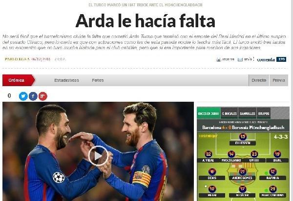 <p>YABANCI TAKIM FORMASI İLE HAT-RİCK YAPAN İLK TÜRK<br />
<br />
Bir diğer Madrid gazetesi olan AS ise "Arda golle özür diliyor" manşetini atarken milli oyuncunun yapmış olduğu hat-trick ile Türk futbol tarihine de geçtiğini çünkü Şampiyonlar Ligi'nde yabancı takım forması ile ilk hat-trick yapan Türk oyuncu olduğunu da yazdı.</p>