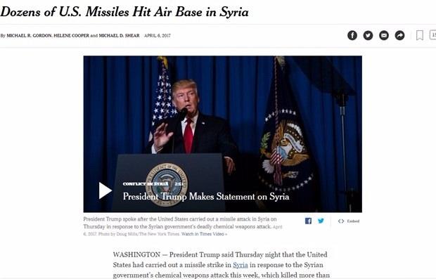 <p>ABD'nin önde gelen New York Times gazetesi, ABD'nin Suriye'ye askeri müdahalesini "ABD kimyasal saldırının ardından Suriye'yi vurdu" <br />
başlığıyla duyurdu. </p>

<p>Suriye hükümetinin 80'den fazla sivilin ölümüne neden olan kimyasal silah saldırısına karşılık ABD'nin Suriye'ye füze saldırısı düzenlediği belirtilen haberde, ABD Başkanı Trump'ın "Bu gece kimyasal saldırının yapıldığı askeri üssü hedef alan bir saldırı emrini verdim. Ölümcül kimyasal silahların yayılmasını ve kullanılmasını önlemek, ABD'nin ulusal güvenliği için hayati önem taşıyor." sözlerine yer verildi. </p>

<p>Haberde, Beyaz Saray'ın ilk defa Beşşar Esad güçlerine yönelik askeri müdahale emri verdiğine de dikkat çekildi.</p>
