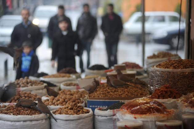 Gaziantep'te kuruyemişçilerin tezghlarında karınlarını doyuran kumrular görenleri şaşırtıyor. Kumruların bu ziyafetine arada serçeler de katılıyor.