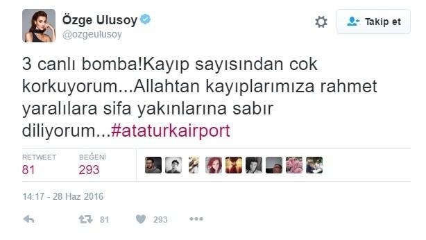 <p>Ünlü Manken ve sinema oyuncusu Özge Ulusoy ‘3 canlı bomba! Kayıp sayısından çok korkuyorum... Allah’tan kayıplarımıza rahmet yaralılara şifa yakınlarına sabır diliyorum...#ataturkairport’</p>
