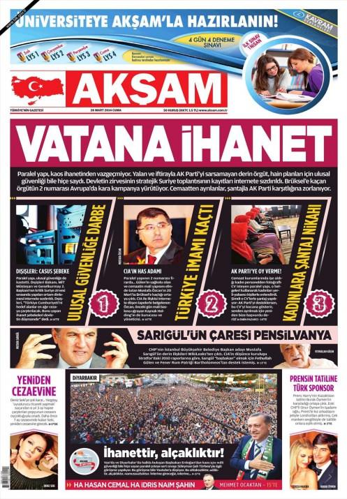<p>Türkiye dün internete sızdırlan çok gizli ses kaydının tartışıtı. Tüm gazetelerin manşetinde yer alan hainlik için en çarpıcı manşet Takvim'den geldi.</p>