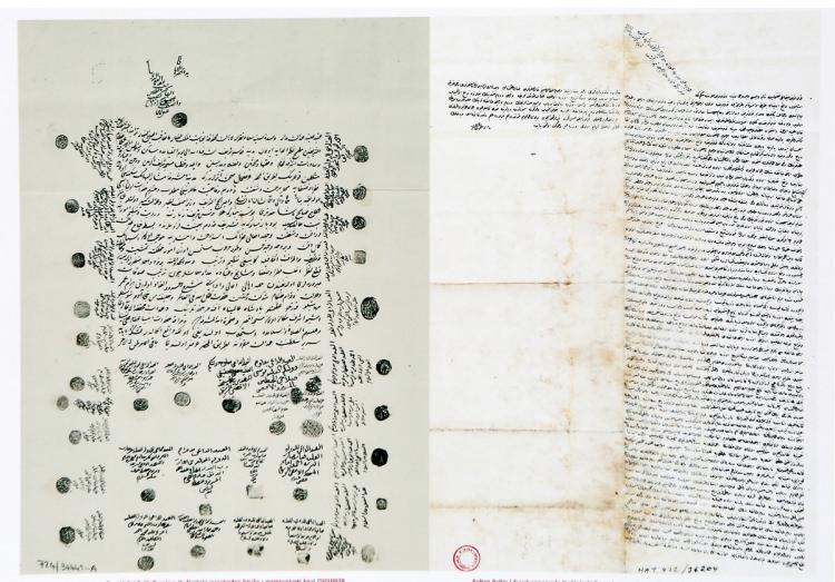 <p>Solda, Şam Valisi Salih Paşa'nın Kudüs'teki icraatindan memnuniyeti 1828 tarihli Kudüs ulema ve eşrafı tarafından Sadarete mahsar. Sağda, Sultan Selimi Evvel zamanında Kudüs'teki Ermeni cemaatine verilip ba'dehu muhtelif zamanlarda tecdid ve tasdik edilen fermanın sureti, 1739.</p>
<p> </p>