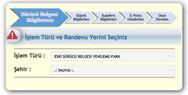 <p>Ehliyet randevu ekranı açıldığında yapacağınız işlem türü ile yaşadığınız şehri seçmeniz isteniyor. </p>