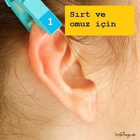 <p>Kulağınızın en üstündeki nokta sırt ve omuz ağrılarının tedavisinde kullanılıyor. Bu bölgeye 1 dakikalığına mandal sıkıştırın. Bilim insanları akupunkturun nasıl işe yaradığını tam olarak açıklayamıyorlar. Ancak bilinen bariz bir gerçek var ki o da bu yöntem sayesinde ağrıların geçmesine yardımcı olan endorfinin salgılandığı.</p>

<p> </p>
