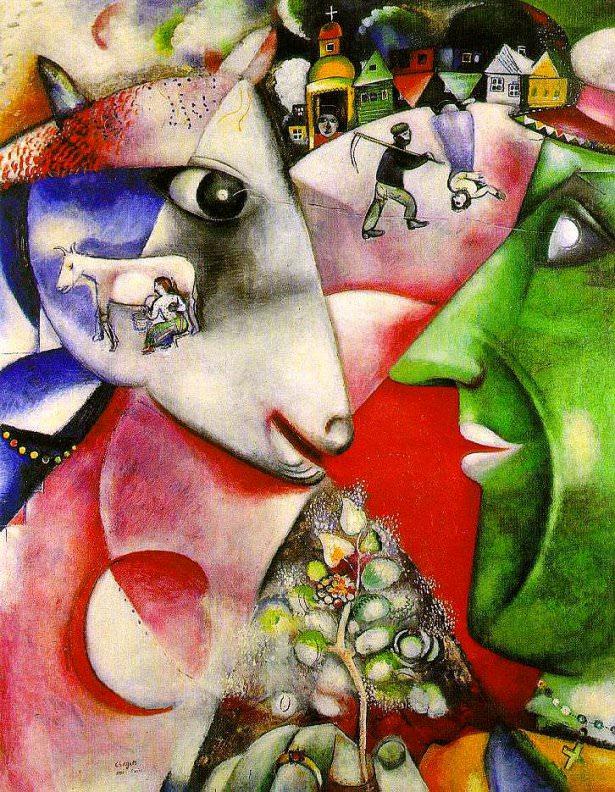 <p><strong>Chagall - I and the Village (1911) - Museum of Modern Art, New York</strong></p>

<p>Chagall'ın eserinde Doğu Avrupa halk hikayeleri ve kültürünün hem Rus hem de Yidiş etkileri görülür.Köy temalı eserde altta görülen yaşam ağacı gibi semiyotik elementler bulunur.Chagall'ın çocukluk anılarından esinlenerek yaptığı düşünülmektedir.1911'de yapılmıştır ve New York'da Museum of Modern Art'da sergilenmektedir.</p>
