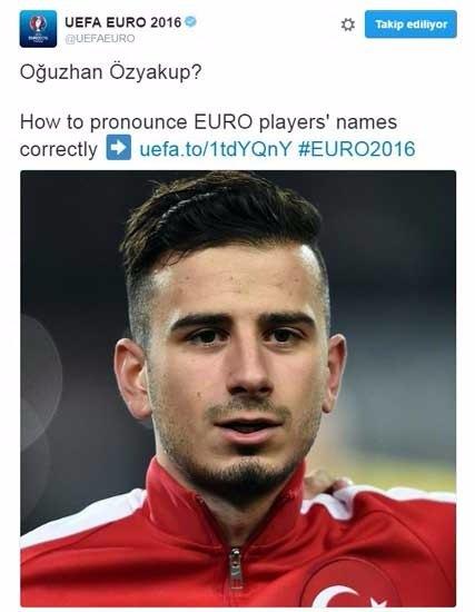 <p>UEFA.com, EURO 2016'da mücadele edecek futbolcuların isimlerinin nasıl telaffuz edildiği ile ilgili futbolseverlere yol gösterdi. UEFA.com Twitter adresi "Oğuzhan Özyakup isminin doğru telaffuzu nasıl?" başlığıyla bu paylaşım yaptı. İşte güldüren telaffuzlar...</p>

<p> </p>
