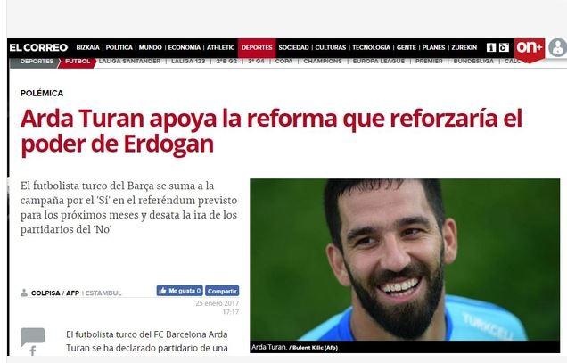 <p><strong>EL CORREO</strong></p>

<p>Arda Turan Cumhurbaşkanı'nın güçlerini genişleten reforma destek çıktı. 'Hayır' diyenlerin tepkisini çekti.</p>
