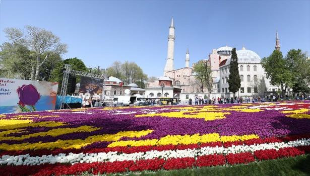 <p>Dünyanın en büyük canlı lale halısı özelliği taşıyan halıda kırmızı, beyaz, sarı, mor renkli laleler bulunuyor. </p>
