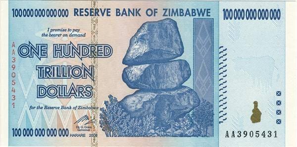 <p><strong>Zimbabve’nin 100 trilyon dolarlık banknotu</strong></p>

<p>Zimbabve’nin II. Kongo Savaşı’na girmesinden hemen sonra ülkedeki hiperenflasyon, Kasım 2008’de zirve yaptı ve enflasyon yüzde 79,6 milyar oldu. Tam da bu sıralarda üzerinde 14 (yazıyla on dört) sıfır bulunan 100.000.000.000.000 Zimbabve Doları piyasaya sürüldü. Bugün bu, kâğıtta büyük, pahada küçük bu banknotu eBay’den 4,94 dolar kargo ücreti ödeyerek 0.90 dolara satın alabilirsiniz.</p>

