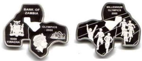 <p><strong>Zambiya’dan 2000 Sidney Olimpiyatları hatırası</strong></p>

<p>2000 Sidney Olimpiyatları için hatıra olarak basılan bu madeni paralar 1 ons gümüş kullanılarak elde edilmiş. Bu biçimsiz paralar aslında Avustralya ve Zambiya haritalarının birleşimini temsil etse de iki ülke de aynı boyutta resmedildiği için bunun farkedilmesi son derece zor.</p>
