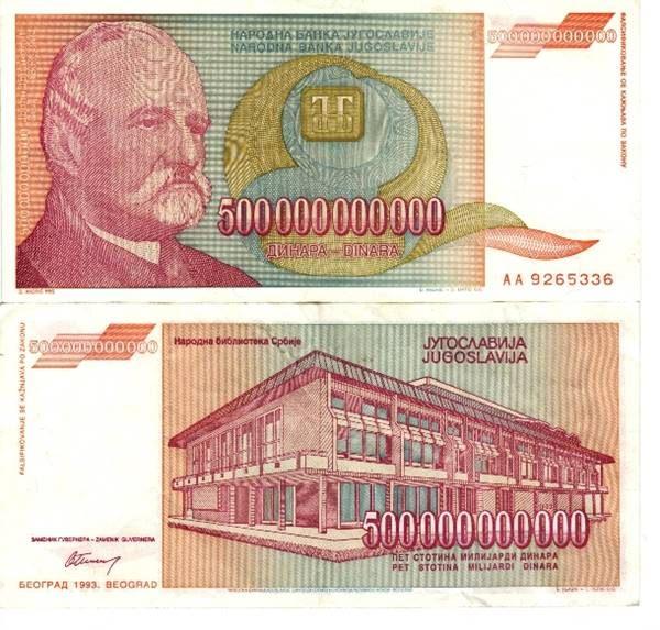 <p><strong>Yugoslavya’nın 500.000.000.000 dinaralık banknotu</strong></p>
<p>Eski Yugoslavya, dağılma dönemi olan 1989’dan 1994’e kadar hep artan enflasyonun etkisinde olmuştur. 1988 yılında en yüksek nominal değer 50.000 dinara iken, 1994 yılında bu 500.000.000.000 dinara olmuştur.</p>