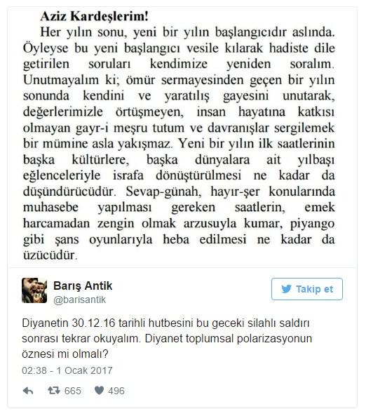 <p>CHP Gençlik Kolları Eski Başkanı olan Barış Atik de sosyal medya üzerinden Diyanet'i hedef aldı. Terör saldırısının ardından yaptığı paylaşımda Diyanet İşleri Başkanlığının yayınladığı hutbenin saldırıya zemin hazırladığını iddia etti.</p>