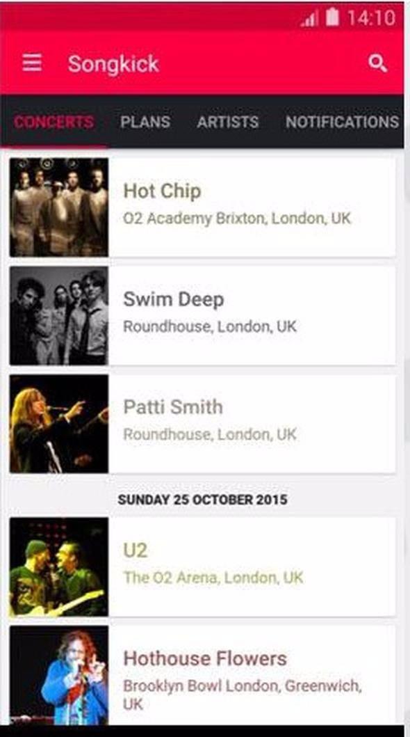 <p>Songkick Concerts <br />
<br />
En sevdiğiniz şarkıcı veya müzik gruplarının konserlerini kaçırmamanızı sağlayan bir uygulama.</p>
