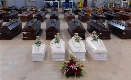 &Ccedil;oğu Eritre ve Somalili 300 kurbanın cenazeleri kimlik tespitlerinin ardından &uuml;lkelerine g&ouml;nderilmek &uuml;zere tabutlara konulup Lampedusa Havaalanı'nda bir hangara dizildi.