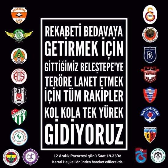 <p>Çarşı'nın açıklamasında "12 Aralık Pazartesi saat 19.23'te Kartal heykeli önünde toplanıp Beşiktaş Stadı'na yürüyoruz. 'Semt bizim, ülke bizim, aşk bizim' diyoruz" ifadeleri kullanıldı.</p>
<p> </p>