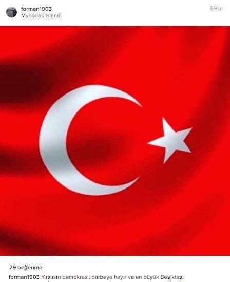 <p>Türkiye'de yaşanan darbe sürecinin ardından Beşiktaş Kulübü Başkanı Instagram hesabından açıklama yaptı.</p>
<p>Orman ; Yaşasın demokrasi, darbeye hayır ve en büyük Beşiktaş " açıklamasında bulundu.</p>