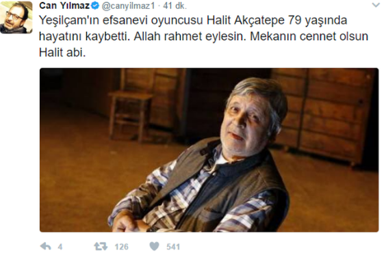 <p><strong>CAN YILMAZ</strong></p>

<p>Yeşilçam'ın efsanevi oyuncusu Halit Akçatepe 79 yaşında hayatını kaybetti. Allah rahmet eylesin. Mekanın cennet olsun Halit abi.</p>
