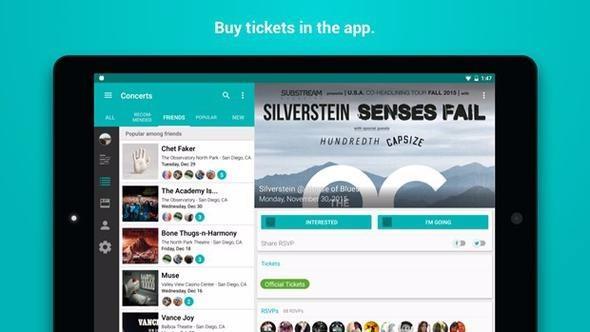 <p>Bandsintown<br />
<br />
Bandsintown, Android cihazlarınızda kullanabileceğiniz ve en yakın konserleri keşfedip bulabileceğiniz bir uygulama.</p>
