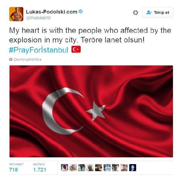 <p>Galatasaraylı Lukas Podolski: "Kalbim patlamadan etkilenenlerle birlikte. Teröre lanet olsun."</p>
