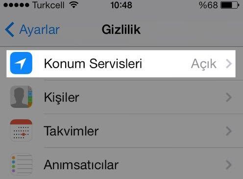 <p>Lokasyon bilgilerini kapatın<br />
<br />
Birçok uygulama konum bilginizi gereksiz yere tutarak sadece hobi olsun diye pilinizi emiyor. Candy Crush’a bulunduğunuz yeri söylemeden de anti-sosyal yaşayabilirsiniz. (Ayarlar > Gizlilik > Konum Servisleri)</p>
