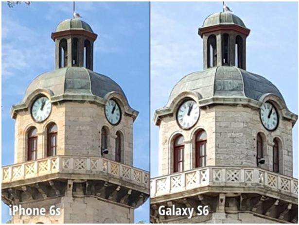 <p>Kameralar arasında en büyük fark bu fotoğrafta ortaya çıkıyor. Saat kulesinin arkasındaki gözyüzü renginin tonundaki farklılık oldukça bariz. Saat kulesinin renginde de farklılık dikkat çekiyor.</p>