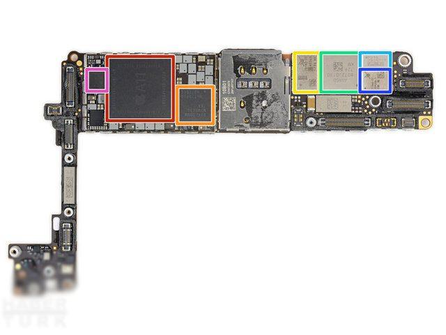 <p>Apple 339S00434 A11 Bionic işlemci ve SK Hynix H9HKNNNBRMMUUR 2 GB LPDDR4x bellek (kırmızı), Qualcomm MDM9655 Snapdragon X16 LTE modem (turuncu), Skyworks SkyOne SKY78140 (sarı), Avago 8072JD130 (yeşil), P215 730N71T (mavi), Skyworks 77366-17 GSM modülü (mor) ve NXP 80V18 güvenli NFC modülü (pembe).</p>

<p> </p>
