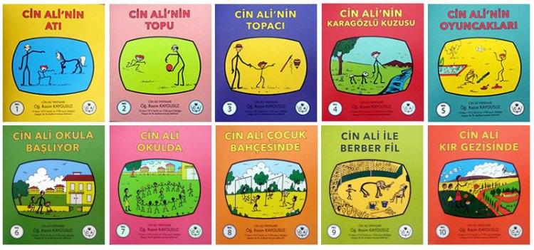 <p>CİN ALİ ÇOCUK KİTAPLARI: 1970’lerde revaçta olan ilkokul çocuklarına yönelik “Cin Ali” adlı kare şeklinde 16 sayfadan oluşan, siyah-beyaz çok enteresan kitaplar vardı. Ali adlı çocuğun, belli bir seriyi takiben; okuldaki, piknikteki, denizdeki, müzedeki, törendeki, dişçideki ve hayvanat bahçesindeki müthiş heyecanlı (!) maceralarına yer veren kitaplardaki çizimler çöp çizgilerden oluşmaktaydı. Herşey ama herşey birkaç çizgiden ibaretti; evler, arabalar, insanlar, hayvanlar, eşyalar... Kollar ve bacaklar ve vücutlar çöpten ibaret olup herhangi bir organ ihtiva etmemekteydi. Kafalarsa bir yuvarlaktan müteşekkildi. Okuyan çocuğun resimleri kolayca taklit ederek çizebilmesine imkân vermek amacıyla düşünüldüğü muhtemeldi. Her çocuğun çantasında bu serinin en az 1-2 kitabı mevcuttu. 80’lerden itibaren çocuk kitapları sektöründeki hızlı gelişim, Cin Ali kitaplarının da sonu oldu.</p>