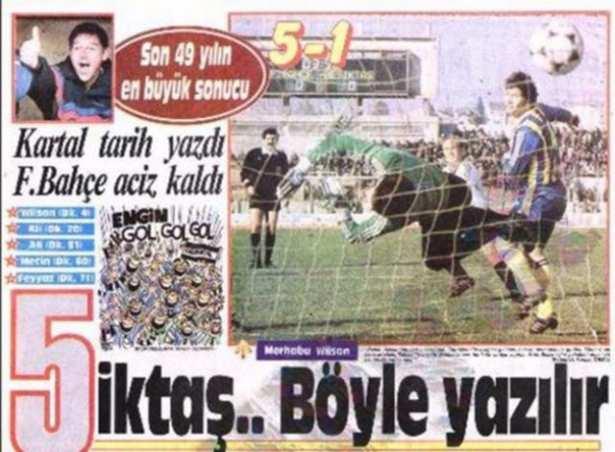<p> “Kadıköy’de tarihi fark” Wilson perdeyi açtı, Oğuz kapattı, Metin-Ali-Feyyaz yırttı. 1990 yılında Kadıköy’de ezeli rakiplerin buluşmasında Beşiktaş, F.Bahçe’yi süpürüp maçı 5-1 kazanırken, derbi tarihinin en farklı galibiyetlerinden birine imza attı.</p>
