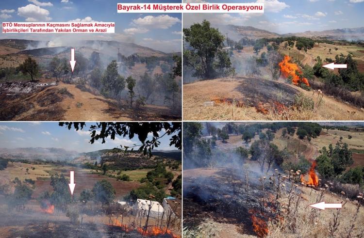 <p><strong>İŞBİRLİKÇİLER ORMANI YAKTI</strong><br />
Diyarbakır Valiliği'nden yapılan açıklamada, PKK'lıların kaçmalarını sağlamak üzere bölgeye gelerek ormanlık alanı ateşe veren 32 örgüt işbirlikçisi hakkında yasal işlem başlatıldığı belirtilerek, şöyle denildi:<br />
"Lice ilçesi kuzey ve güneyi dağlık ve ormanlık alanda faaliyet yürüten, aralarında üst düzey örgüt yöneticilerin de bulunduğu değerlendirilen BTÖ mensuplarını etkisiz hale getirmek, bölgede bölücü terör örgütü mensupları tarafından kullanıldığı değerlendirilen sığınak, barınak, depo alanlarını tahrip etmek ve malzemeleri ele geçirmek, bölgede bulunan yerleşim yerlerinde tespit edilen işbirlikçiler ve aranan şahısları yakalamak, bölücü terör örgütünün finans kaynağı olan yasa dışı uyuşturucu madde ekim alanlarını imha etmek ve imal edilmiş uyuşturucu maddeleri ele geçirmek maksadıyla, Diyarbakır 7’nci Kolordu Komutanlığı sevk ve idaresinde zırhlı araçlar desteğinde icra edilen, askeri birlikler, jandarma, emniyet ve geçici köy korucularından oluşan güvenlik kuvvetlerinin katılımıyla 23 Haziran 2016 tarihinde başlayan Bayrak-14 Şehit Jandarma Teğmen Abdülselam Özatak Müşterek Özel Birlik Operasyonu devam etmektedir. </p>
