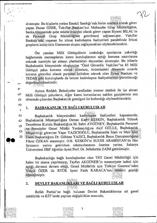 <p>T&uuml;rkiye gazetesi &ldquo;Milli g&ouml;r&uuml;ş&ccedil;&uuml;lerin kadrolaşma unsurları&rdquo; ve &ldquo;Başbakanlık ile devlet bakanlıklarına bağlı kuruluşlar&rdquo; adı altında MİT tarafından hazırlanıp Genelkurmay kararg&acirc;hına g&ouml;nderilen belgeye ulaştı. 6 sayfalık raporda, Refah-yol kabinesi ş&ouml;yle tarif ediliyor:</p>