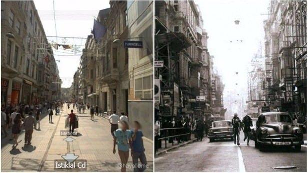 <p>İstiklal Caddesi 2014 yılı fotoğrafı ve aynı noktada 1971 yılında çekilen Killing Ölüm Saçıyor filminden bir sahne.</p>
