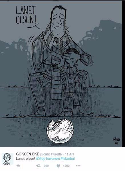 <p>İkinci karikatürde ise Gökçen Eke'nin çizimiyle çocuğuyla maç izlemeye gitmiş bir babanın yaşanan dehşet karşısındaki durumunu anlatıyor. </p>
<p> </p>