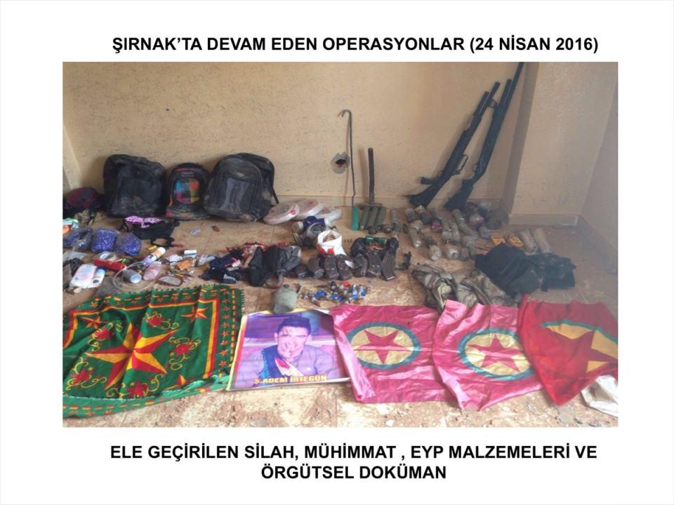 <p>Şırnak'ta devam eden operasyonlar kapsamında ise 24-26 Nisan arasında binalarda yapılan aramalarda teröristlere ait birçok silah, mühimmat ve el yapımı patlayıcı düzeneği ele geçirildi. </p>

