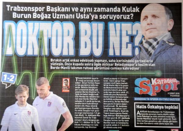 <p>Karadeniz Gazetesi, "Trabzonspor başkanı ve aynı zamanda kulak burun boğaz uzmanı Usta'ya soruyoruz.. Doktor bu ne? Bırakın artık enkaz edebiyatı yapmayı. Saha içindeki gerçeklerle yüzleşin. Takımın ruhsuz görüntüsü camiayı kahrediyor" sözleriyle Başkan Muharrem Usta’ya yüklendi. Gazete, "Deneme tahtası! Hami Mandıralı’nın sahaya sürdüğü kadro tartışıladursun, maçı kurtarma adına yaptığı hamlelerle genç hoca sınıfta kaldı" ifadeleriyle Hami Mandıralı’yı eleştirdi.</p>
