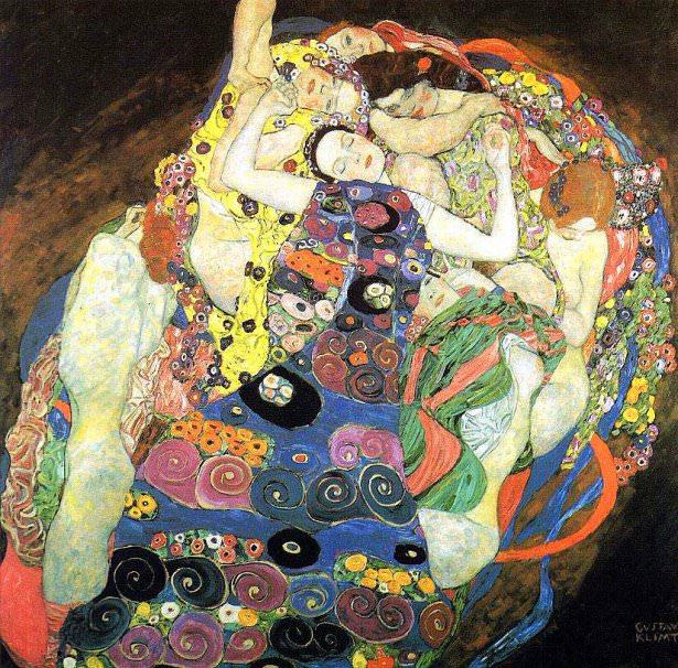 <p><strong>Klimt - The Virgin (1913)</strong></p>

<p>Birçok çiçek içeren bu resim kadınlığın gelişimini konu alır. 5 kadın ( ya da 1 kadın ve 4 farklı açıdan kendi yansıması) yer almaktadır. Kadınların geçirdiği her aşama aynı kadın tarafından temsil edilmektedir. Günümüzde Prag'da bulunan National Gallery'de sergilenmektedir.</p>
