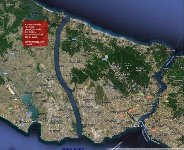 <p>Kanalın Marmara Denizi ile birleştiği noktada 2023 yılına değin iki yeni kentten biri kurulması planlanıyor.<br />
<br />
Projeye göre kanalın uzunluğu 40-45 km; genişliği yüzeyde 145-150 m, tabanda ise yaklaşık 125 m olacak. Suyun derinliği 25 m olacak.<br />
<br />
Bu kanalla birlikte İstanbul Boğazı'nın tanker trafiğine tümüyle kapanması, İstanbul'da iki yeni yarımada, yeni bir de ada oluşması hedefleniyor.</p>