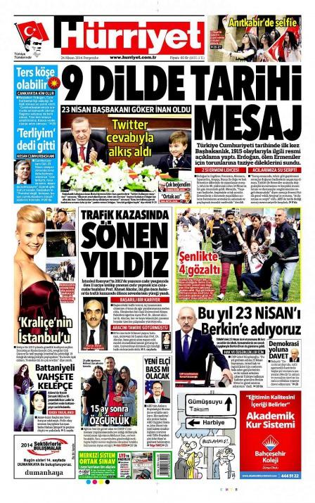 <p><span style="color: #ffff00;"><strong>Türkiye Cumhuriyeti tarihinde ilk kez, 1915 olaylarının yıldönümü vesilesiyle, Başbakan düzeyinde Ermenilere taziye mesajı yayınlaması bugün tüm gazetelerin ilk sayfalarında geniş şekilde yer buldu.</strong></span></p>