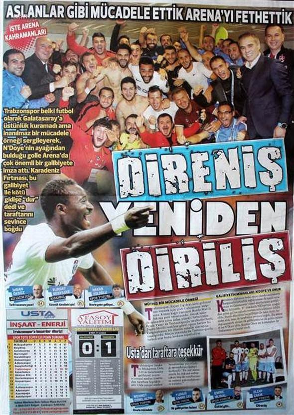 <p>Karadeniz'de İlkhaber gazetesi:<br />
<br />
"Direniş, yeniden diriliş. Aslanlar gibi mücadele ettik, Arena'yı fethettik."</p>
