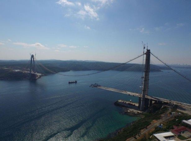<p>Öte yandan köprü tabliyeleri taşıyacak 176 eğik askı kablosundan 102'sinin montajının tamamlandığı belirtildi.</p>