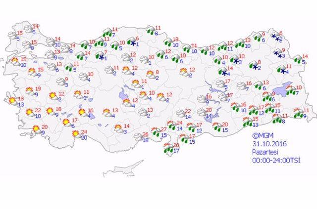 <p>Özellikle İskenderun Körfezi'nden başlayıp Iğdır'a uzanan bölgede kuvvetli güneyli rüzgarla beraber yağışlar kuvvetli sağanak olarak görülecek. Pazartesi hava biraz daha soğuyor. </p>
<p> </p>