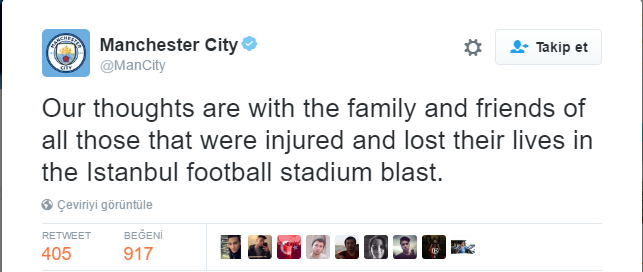 <p>Manchester City'den taziye mesajı: "Dualarımız, saldırıda yaralananların ve hayatını kaybedenlerin arkadaşları ve aileleri ile birlikte"</p>

